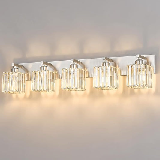 FDPBY Modern Vanity Light 5-Lights Brushed Nickel Vanity Light Crystal Bathroom by FDPBY