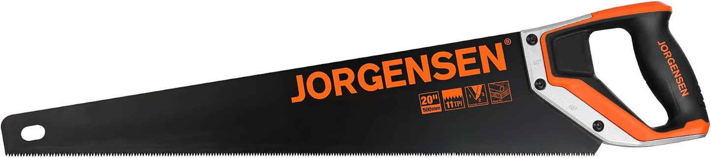 JORGENSEN 20-Inch Hand Saw, 11 TPI Coarse Blade for Wood Cutting | Black-Coated Blade with Ergonomic Non-Slip Aluminum Handle for Sawing, Trimming, Gardening, Pruning, and PVC Cutting