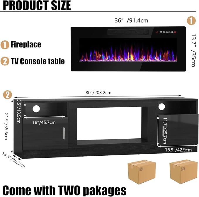 VITESSE TV Stand with 36" inch Electric Fireplace Up to 90" TVs, LED Light - Image 2