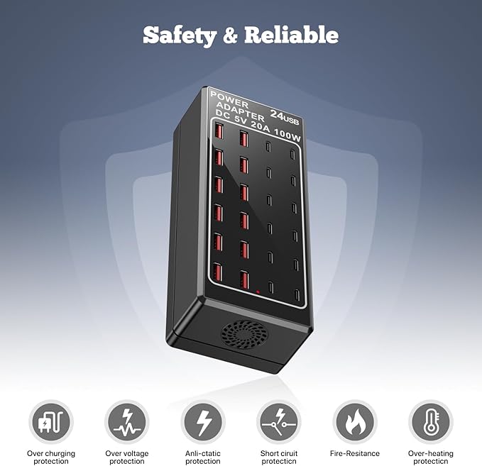 USB Charger Station, C Charging Block, 100W 24 Port Multiple USBCharger Desktop - Image 4