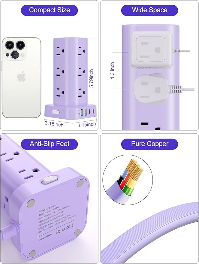 Power Strip Tower with Multiple Outlets, Flat Plug Surge Protector Tower - Image 6