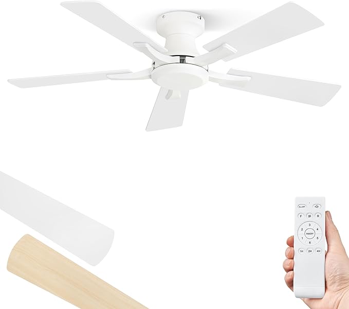 ZMISHIBO 42 Inch Ceiling Fan No Light, Flush Mount Low Profile, Modern White by ZMISHIBO