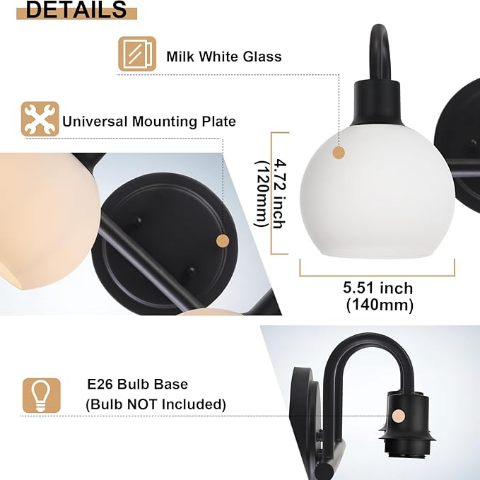 WINSHEN 2-Light Black Bathroom Light Fixture, Milk White Globe Wall Sconce Lamp - Image 7