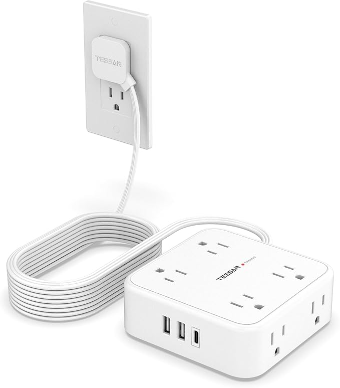 Surge Protector Power Strip, TESSAN 15 FT White Extension Cord Flat Plug by TESSAN