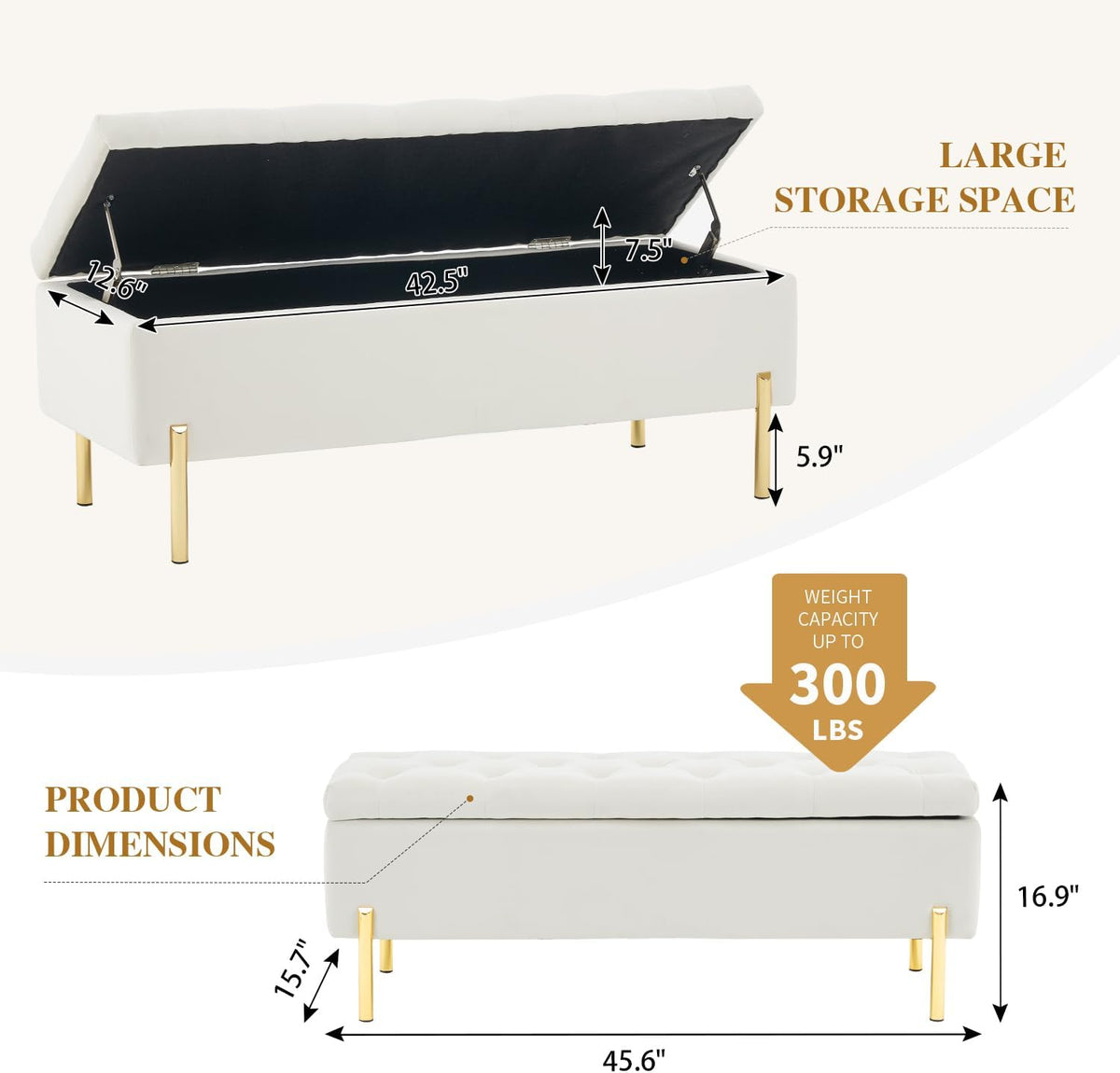 velvet storage bench ottoman, 45.6-inch end of bed, close-up detail
