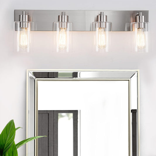 4-Light Brushed Nickel Bathroom Vanity Lights, Clear Glass | Brushed Nickel Metal Frame,Up/Down Wall Mount,cylinder Glass Shade,Kitchen Hallway Bedroom Indoor Use,Easy Install,E26 Base