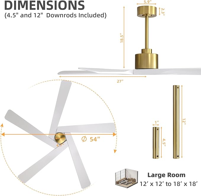 WINGBO 54" ABS DC Ceiling Fan No Light, 5 Blade ABS Plastic Ceiling Fan - Image 4