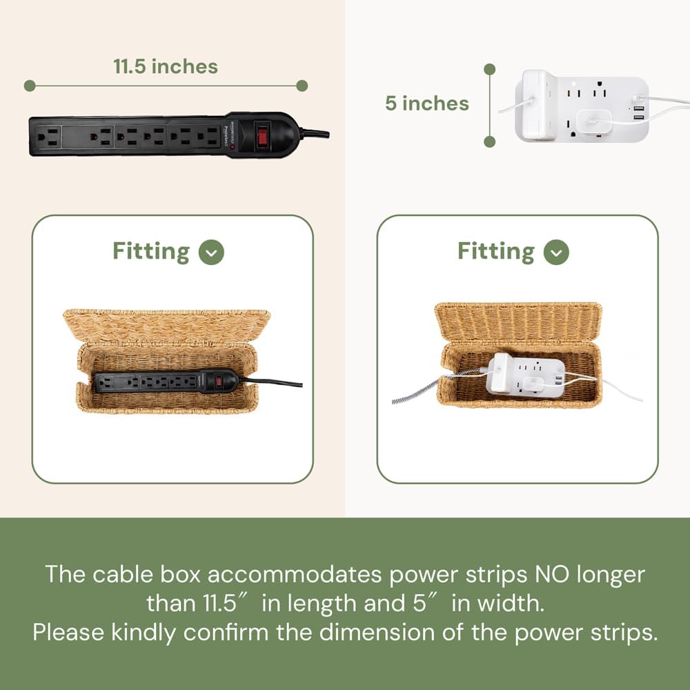 Cable Management Box, Handmade Rattan Cable Organizer with 2 Open Slots, Cord Hider for Power Strip, Router & USB Hub, Registered U.S. Design Patent (D1,112,102), 13" x 5.1" x 5.1", Natural