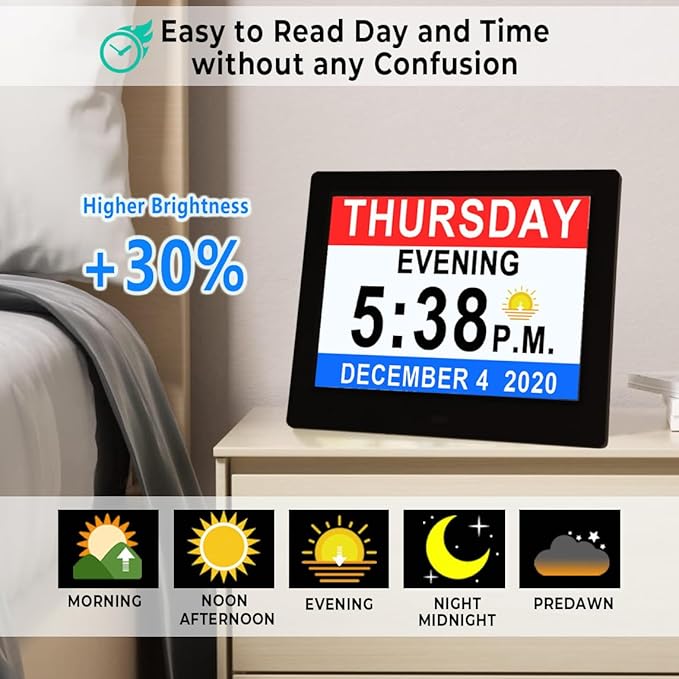 Véfaîî 19 Alarms Dementia Clock 8 Inch Large Display, Auto DST, 10 Levels Auto - Image 2