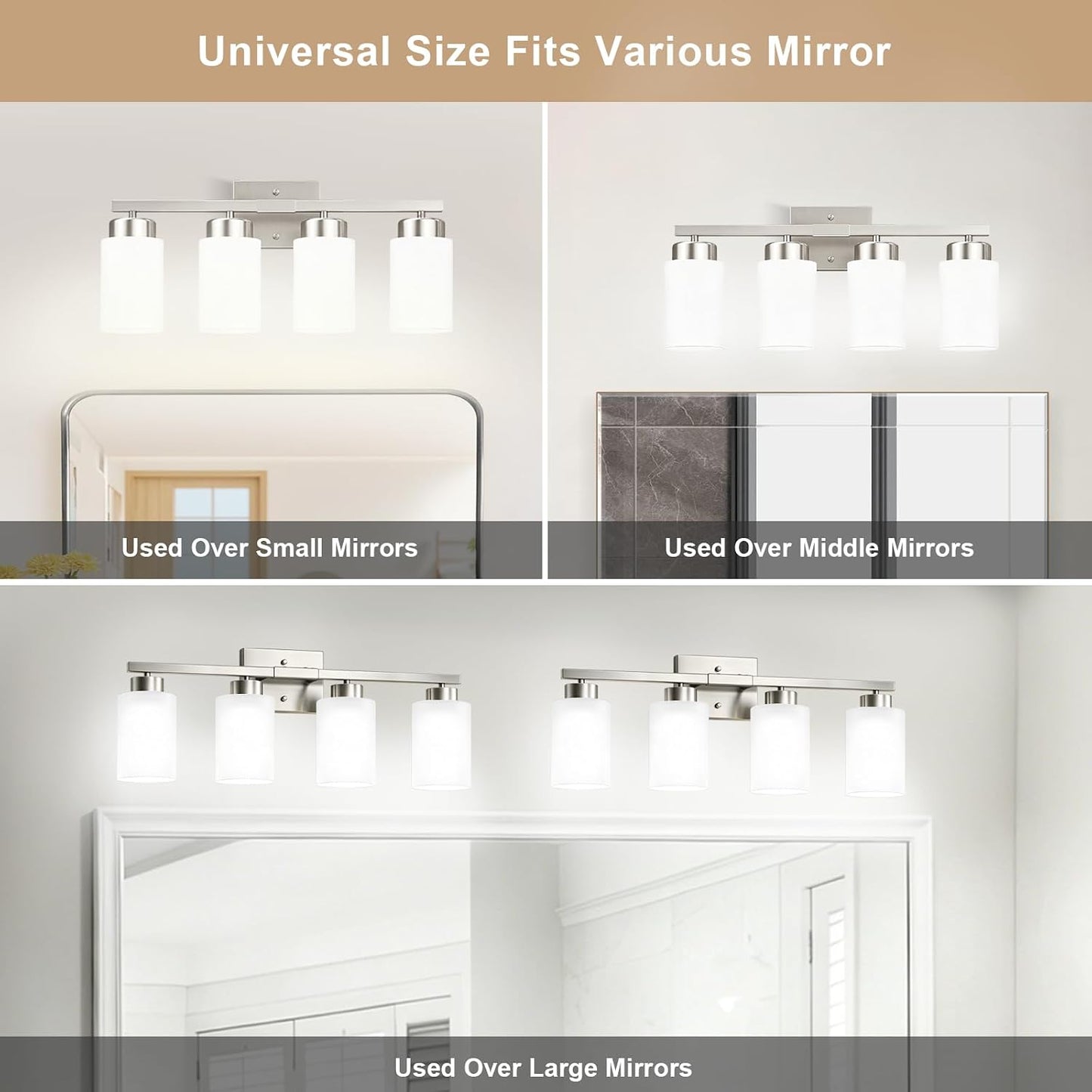 IZORRO Modern Bathroom Light Fixtures, 4 Light Brushed Nickel Vanity Lights, Bathroom Lighting Fixtures Over Mirror with White Glass for Living Room Cabinet Bedroom
