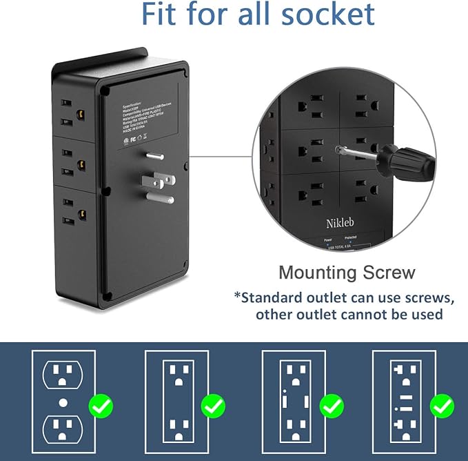 Surge Protector Wall Charger, 12 Wide AC Outlets Power Strip, 4 Ports USB - Image 4