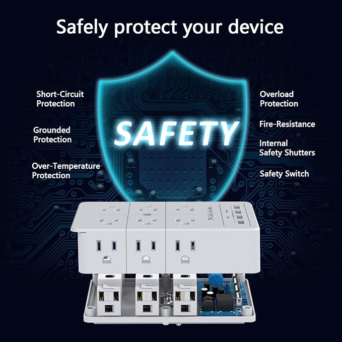 Multi Plug Outlet Surge Protector Nikleb, 12 Electrical Outlets Extender - Image 3