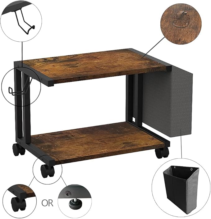VEDECASA 2 Tier Rustic Brown Wooden Under Desk Printer Stand - Image 8