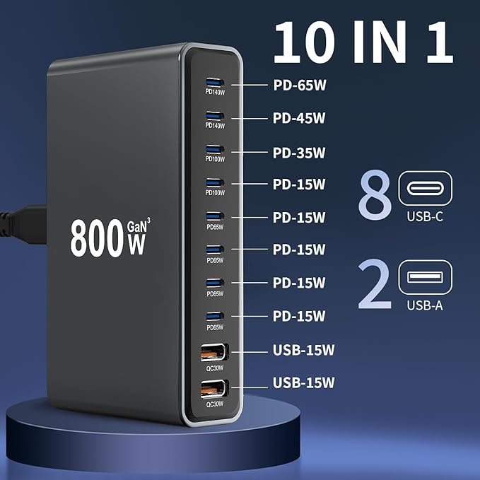 800W USB-C Charging Station GaN III 10-Port & 6.6ft 240W Cable, Compatible - Image 2