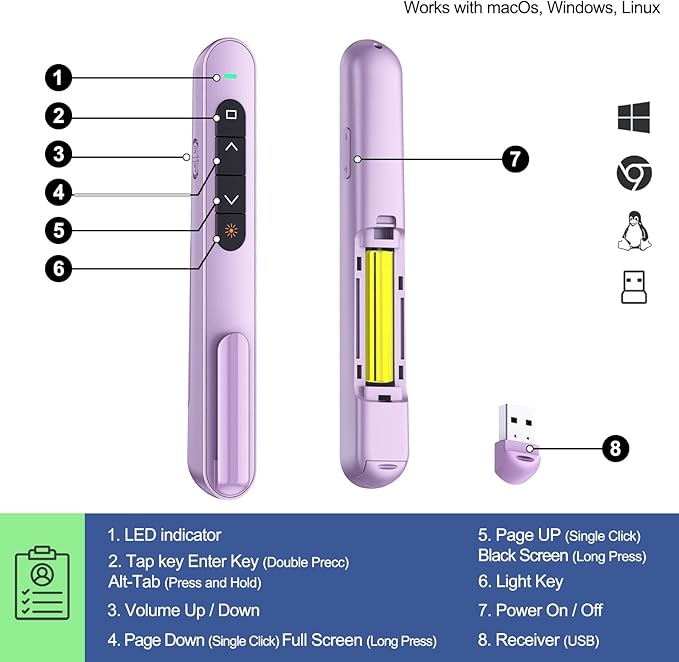 QUI Presentation Clicker for PowerPoint, RF 2.4GHz USB Wireless Presenter Remote - Image 3