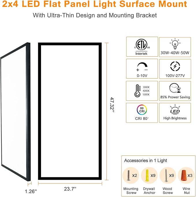 Mcacggo 4-Pack Black 2x4 FT LED Flat Panel Light Surface Mount 0-10V Dimmable - Image 7