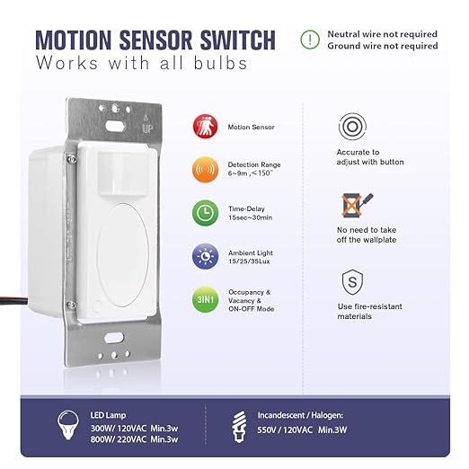 RAYZEEK 2 Pack PIR Motion Sensor Light Switch, Occupancy Sensor Switch | 5Amp | - Image 4
