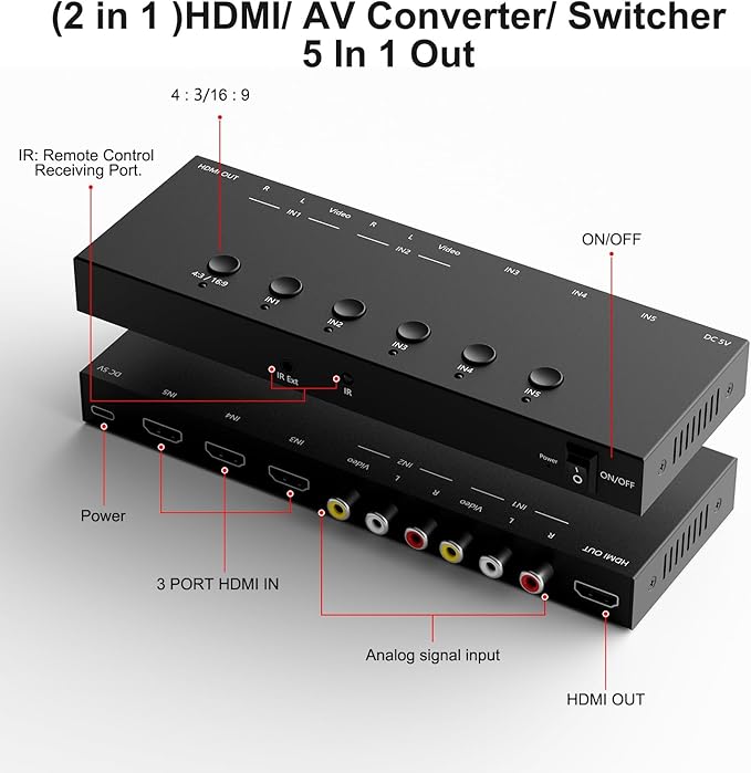 Dingsun 3 Way HDMI 2.0 to HDMI Switcher + 2 Way RCA to HDMI Converter - Image 2