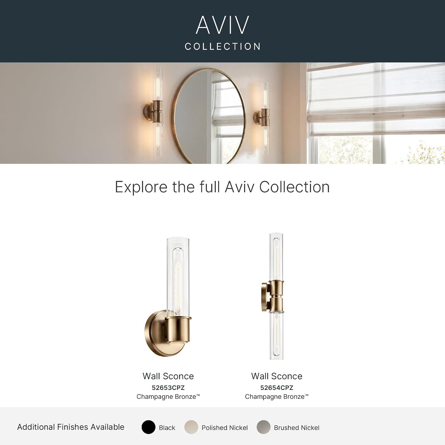 Kichler Aviv 24" 2-Light Wall Sconce Light, Champagne Bronze | Clear glass shades mount up or down and showcase bulb filaments in bedrooms, hallways, kitchens and laundry rooms, 52654CPZ