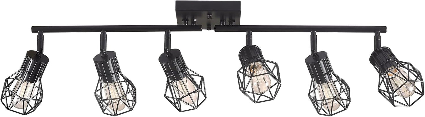 Matte Black Ceiling Mount Track Lighting 6-Light E26 for Kitchen | Matte Black 6-Light Farmhouse Track Lighting, Metal Cage, Adjustable Heads, E26 Base for Kitchen Bathroom Living Room
