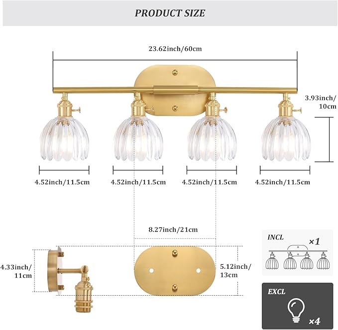 Shenmoyl Bathroom Light Fixtures, 4-Light Brass Vanity Wall Light Over Mirror - Image 3