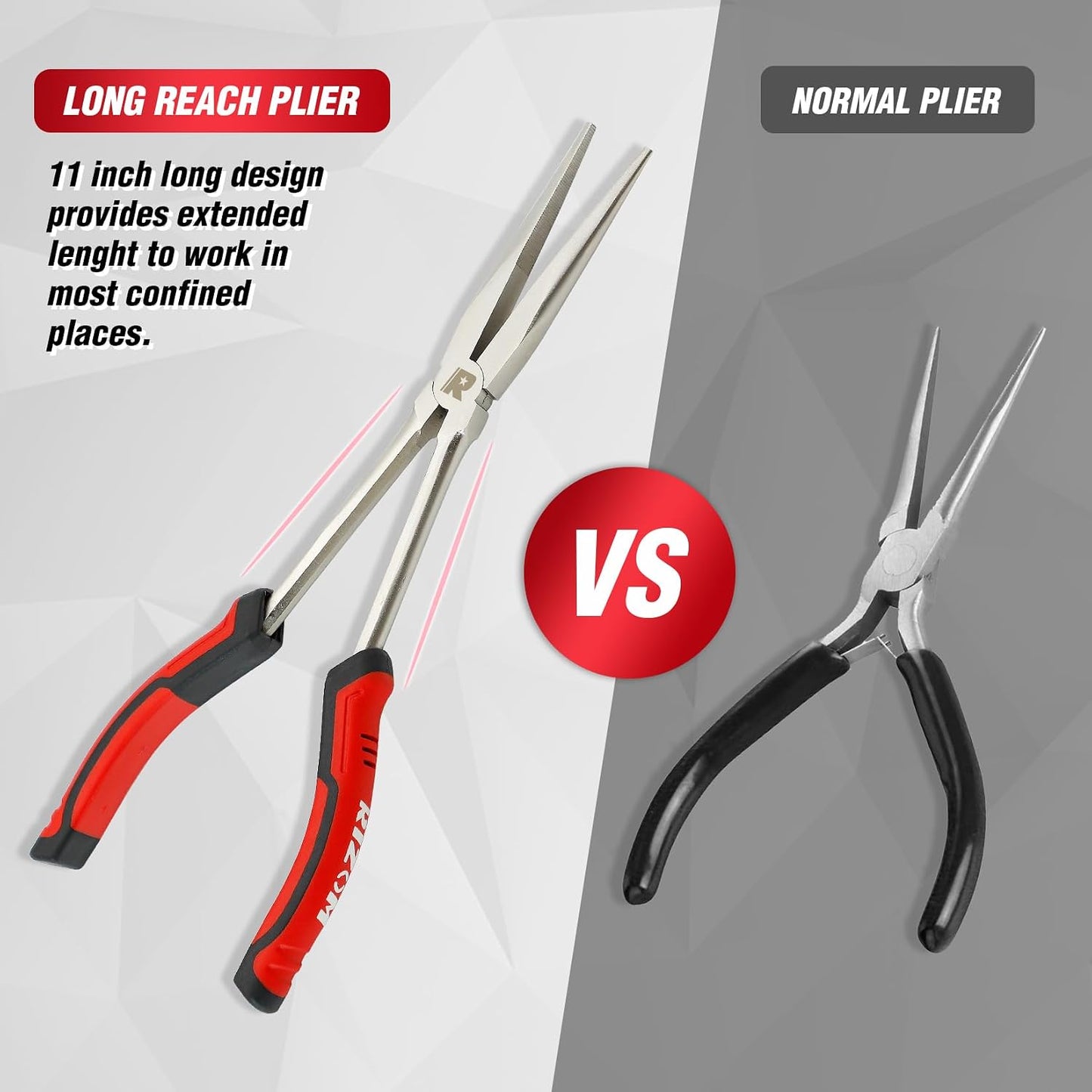 Rizom 3-Piece Long Needle Nose Plier Set, 11'' 90° & 45° Bent Nose Pliers | Cr-V Extra Long Curved Nose Pliers Set For Narrow Spaces