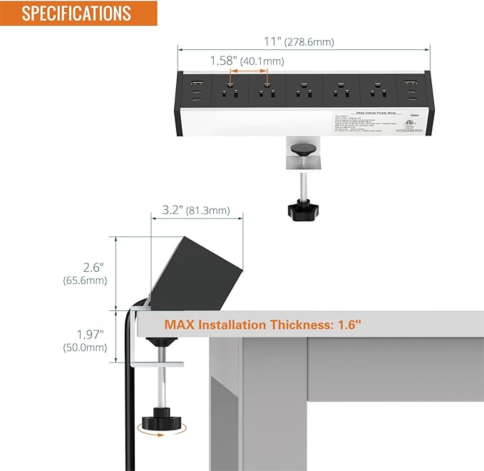 Tecmojo Desk Clamp Power Strip 5 Outlet - Image 2