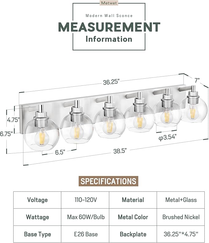 METWET Bathroom Light Fixtures, 6 Light Brushed Nickel Vanity Light, 38 Inch - Image 2
