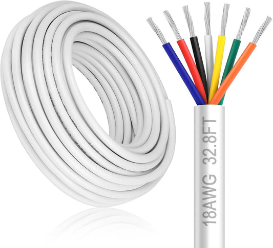 18 Gauge 7 Conductor Electrical Wire, 32.8FT White Stranded Low Voltage 18/7