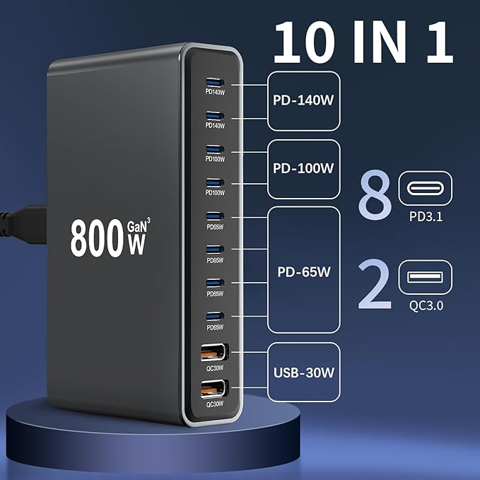 800W GaN3 10-Port USB-C Charging Station - Image 2