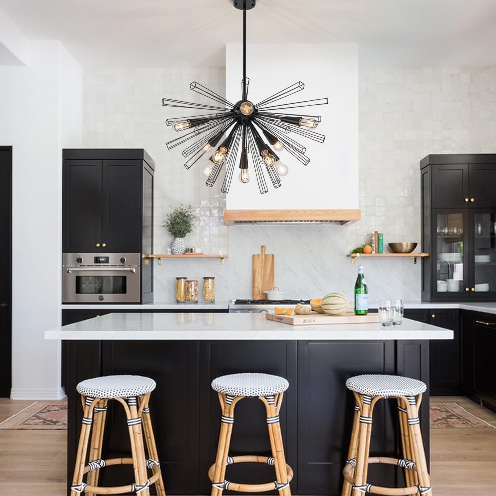10-Light Black Sputnik Chandeliers, Modern Starburst Chandelier | 33" Farmhouse Dining Room Light Fixture, Large Pendant Light Fixture for Living Room Bedroom Kitchen, Adjustable Height, E26