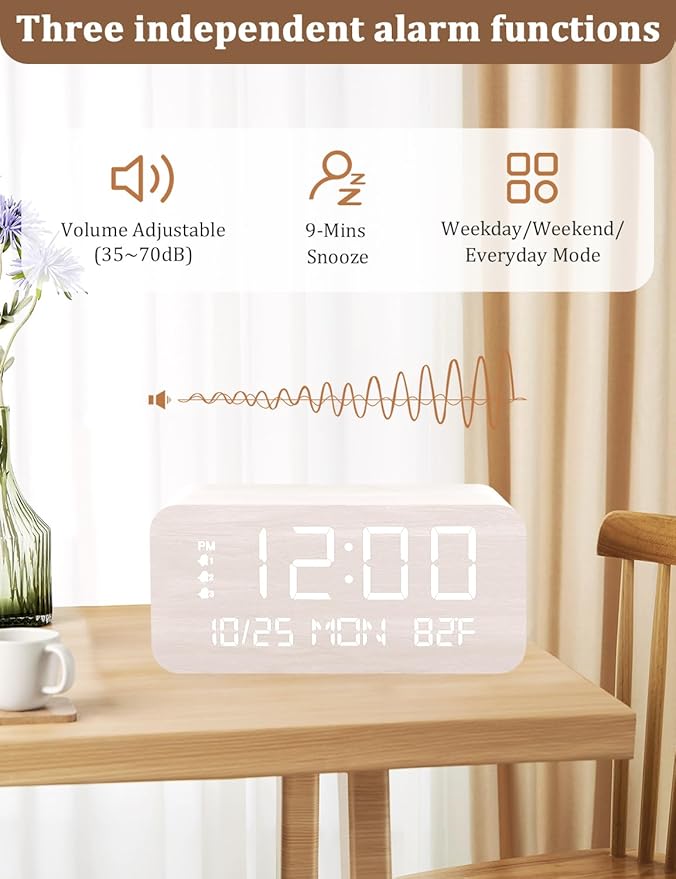 JALL Digital Alarm Clock, with Wooden Electronic LED Time Display, 3 Alarm - Image 4