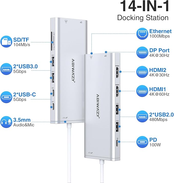 USB C Hub USB-C Docking Station Dual Monitor 14 in 1 Triple Display Multiport - Image 2
