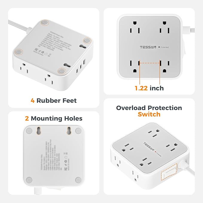 Surge Protector Power Strip, TESSAN Flat Plug Extension Cord - Image 6