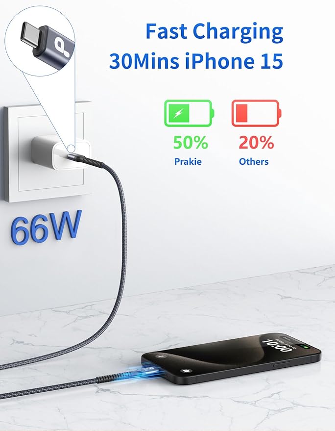 PRAKIE USB C Cable 3FT, USBC Fast Charging Nylon Braided USBC iPhone Charger - Image 2
