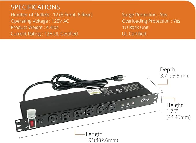 Tecmojo 1U Rackmount Network-Grade PDU Surge Protector Power Strip, 12 Outlets - Image 2