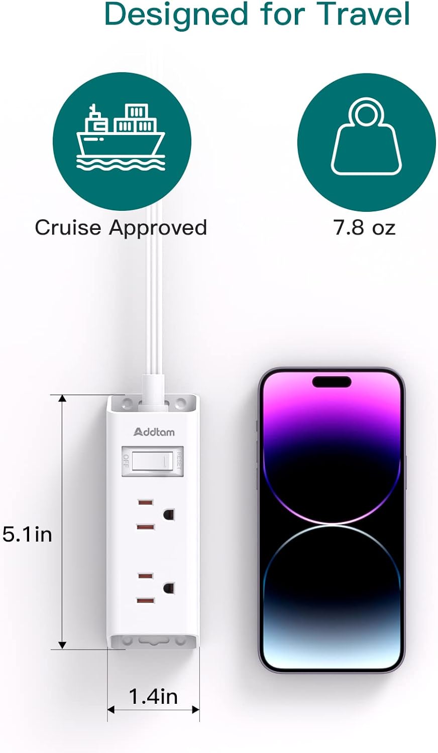 Cruise Essentials - Flat Plug Power Strip, Addtam 5 ft Ultra Flat Extension Cord with 6 Outlets Extender, No Surge Protector for Cruise Ship, Travel, Dorm, Home Office, ETL Listed