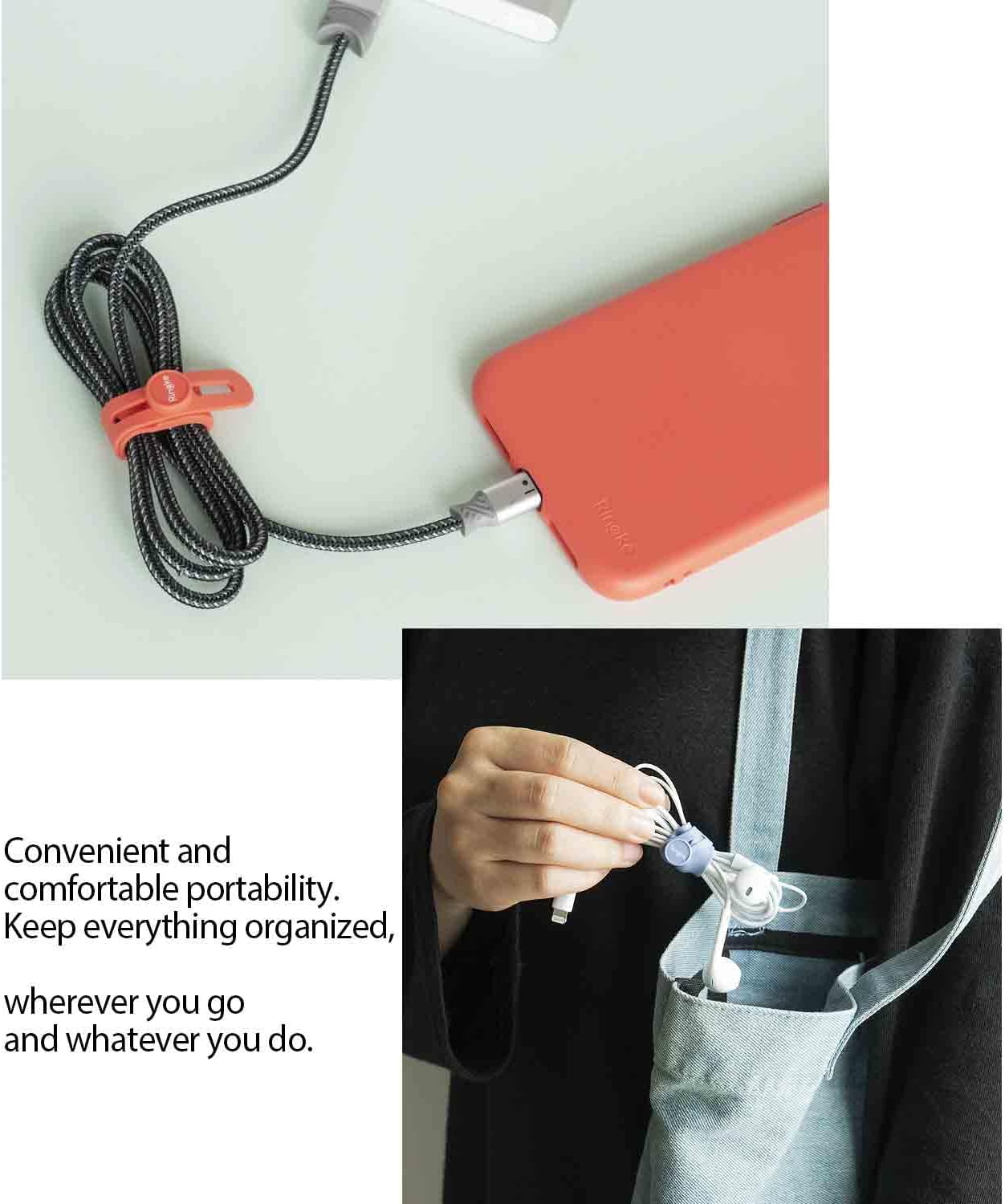 Ringke Silicone Cable Ties [Reusable Cable Management] Flexible Cord Organizer, Adjustable Length Long-lasting Durable Cable Clips - 15 Pack
