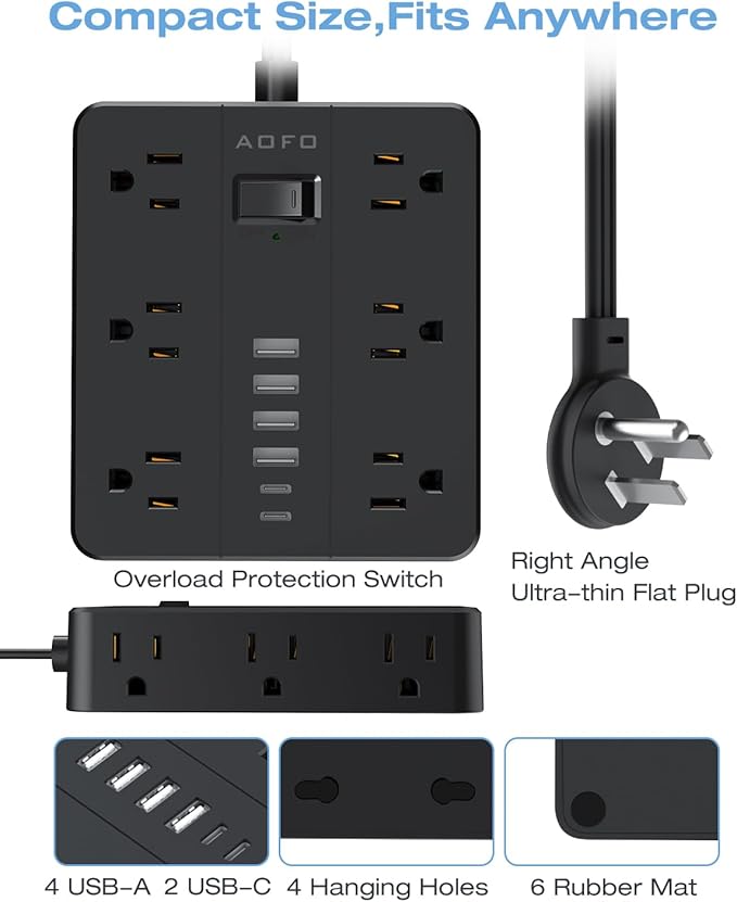 Flat Plug Power Strip, AOFO 5 Ft Extension Cord - Image 7