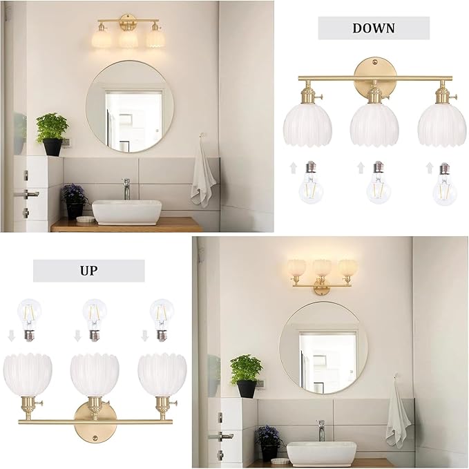 Shenmoyl Bathroom Light Fixtures, 3-Light Brass Vanity Wall Light Over Mirror - Image 5