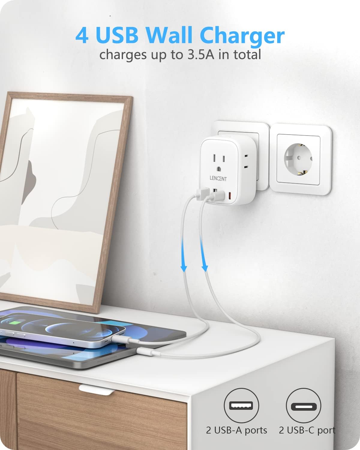 LENCENT Foldable European Travel Plug Adapter, US to Europe Type C Adapter | 2 Pack Power Plug with USB C Ports 4 Outlets, Adapter for USA to EU Euro Iceland Spain Italy France Germany Greece Portugal