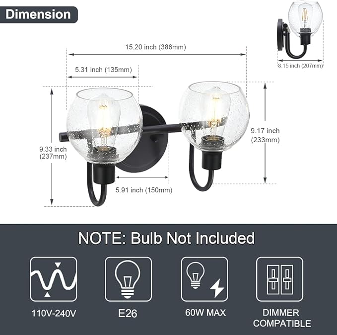WINSHEN Black 2-Lights Wall Sconce Lighting - Image 6