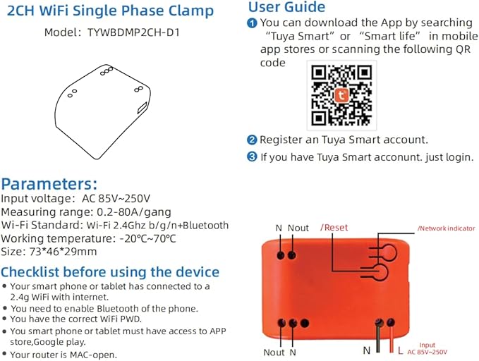 WiFi Smart Power Meter with 2pcs 80A Current Transformer Clamp, Tuya app 2-Way - Image 6