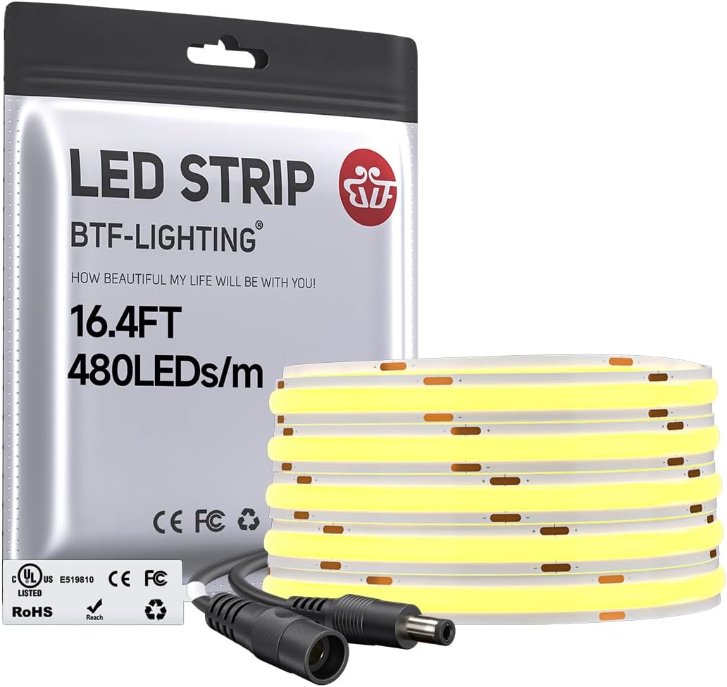 BTF-LIGHTING FCOB COB LED Strip Daylight White 5000K, UL Listed 480LED/m High Density Uniform Light, 16.4FT DC12V CRI 90+ 8mm Width Tape Light for Home Indoor DIY Lighting(No Adapter or Controller)