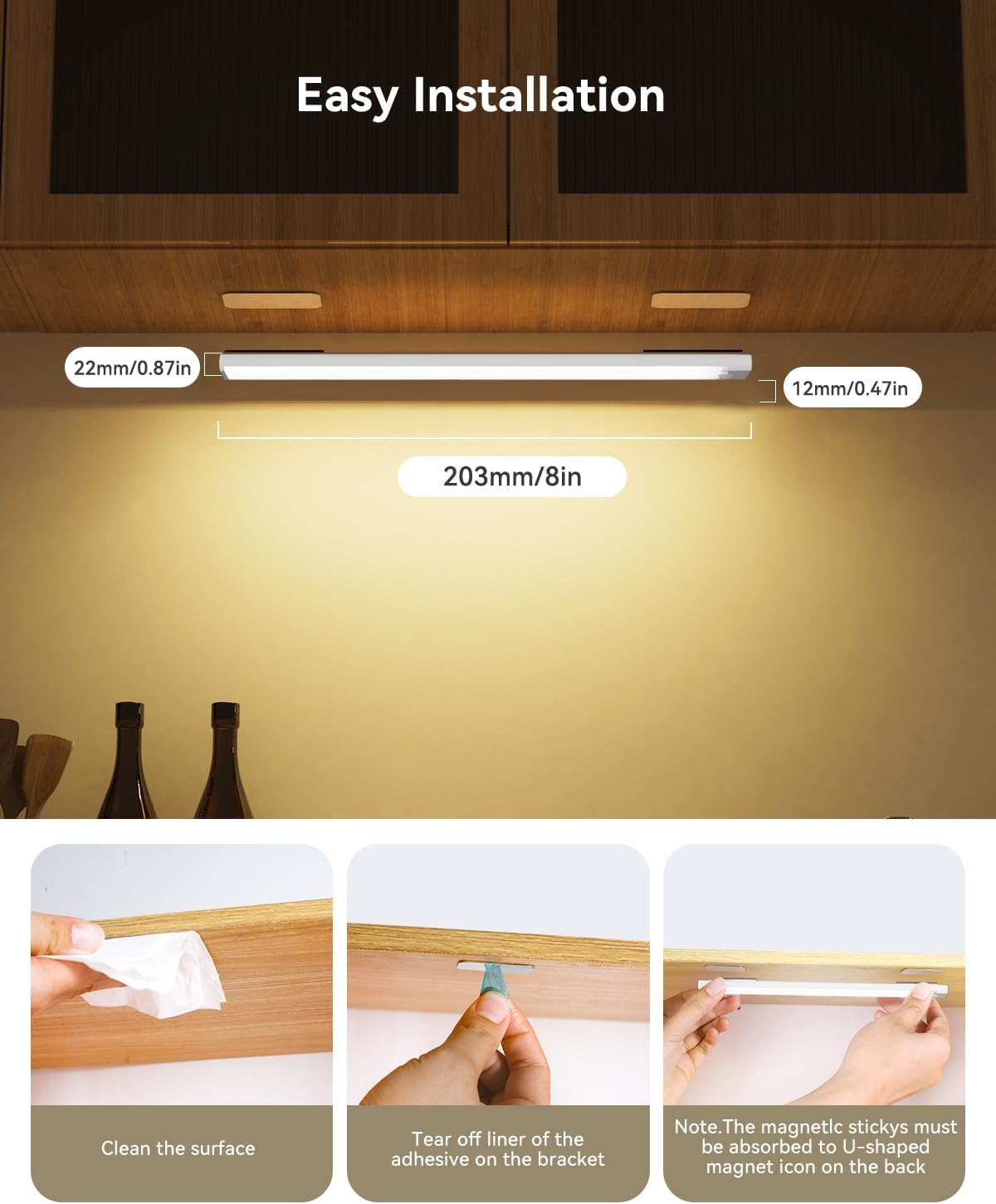 6-Pack 8-Inch Under Cabinet Lighting with Charging Station Rechargeable Motion Sensor Light Indoor 3 Color Dimmable Closet Light USB LED Magnetic Wireless Under Counter Lights for Kitchen Stair