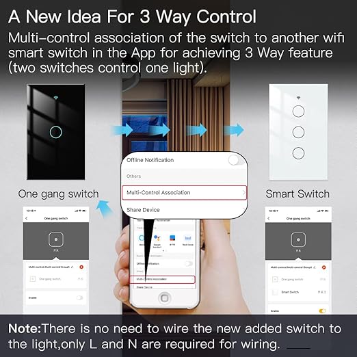 MOES 2.4GHz WiFi Wall Touch Smart Switch Neutral Wire Required, 3 Way - Image 3