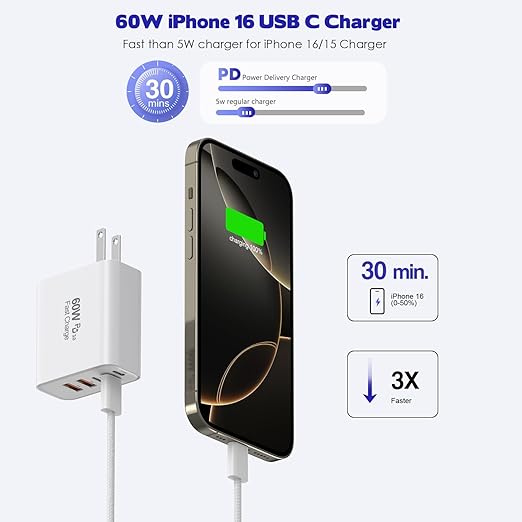 iPhone 17/16 Fast Charger Block, 2 Pack 60W USB Charging Block 5-Port Charge - Image 2