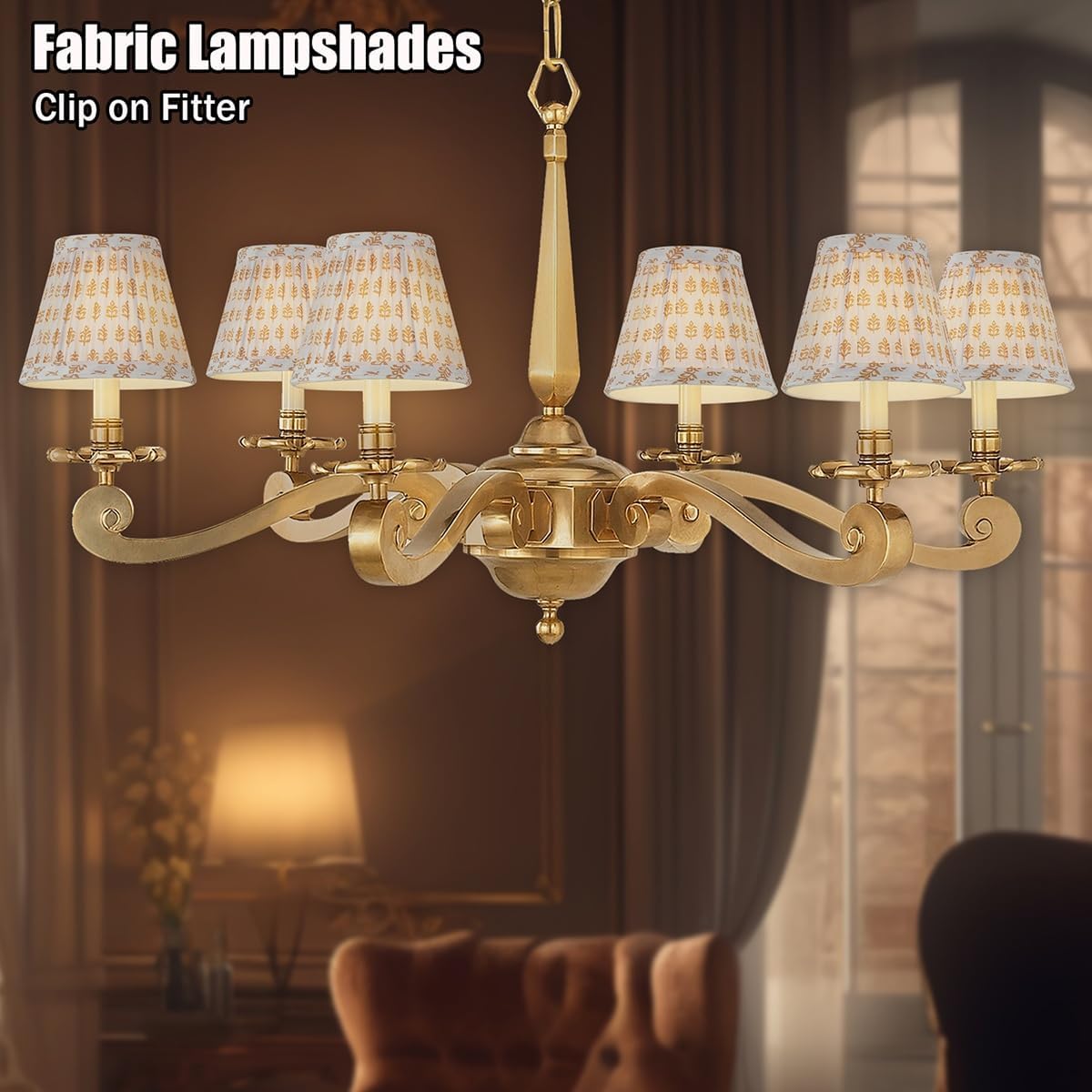 Chandelier Shades Set of 2,Mini Lamp Shade 3" Top x 5.5" Bottom x 4.7" Slant,Small Lamp Shades Clip On Bulb,Pleated Chandelier Lamp Shades,Fabric Lampshades that Attach to The Bulb(Brown Floral)