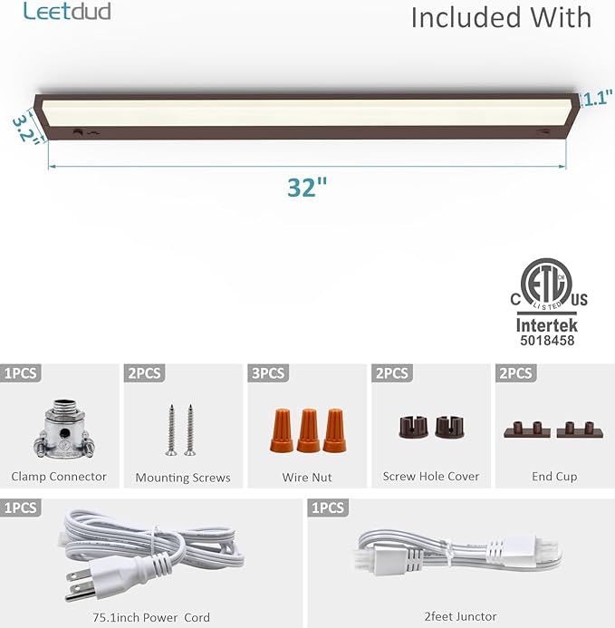 Leetdud Under Cabinet Lighting Plug in or Hardwired Built-in Dimmer, 32 Inch 16W - Image 9
