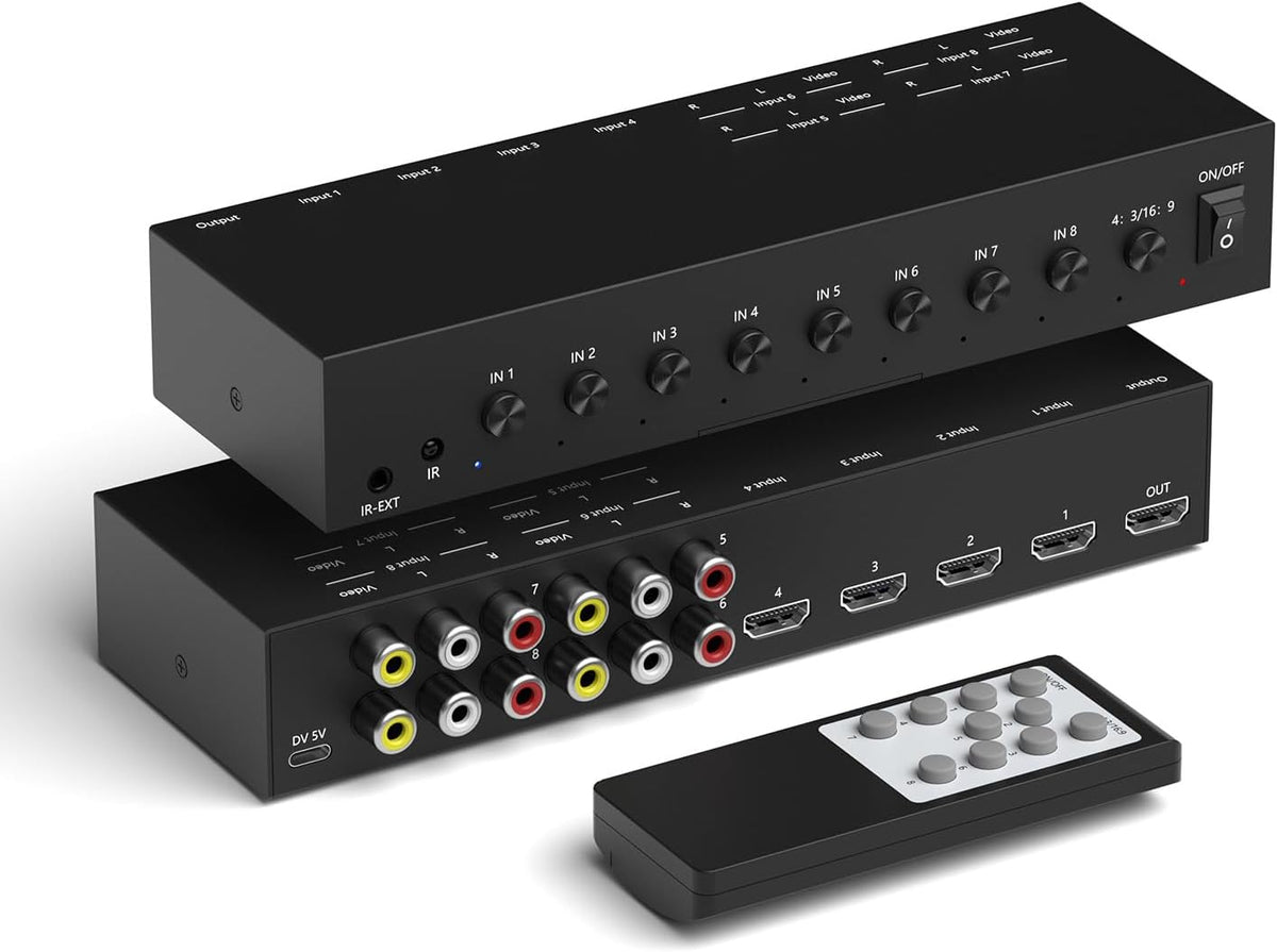 ZUZONG 4 AV to HDMI Converter + 4 HDMI2.0 Switcher 4 Way RCA Composite to HDMI